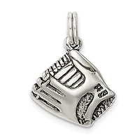 925 Sterling Silver Antique Finish Baseball Glove with Simulated Pearl Charm - 15.45mm x 15mm