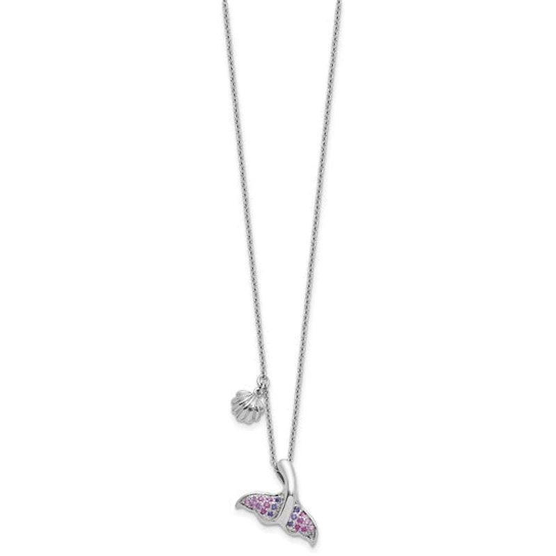 Sterling Silver Rhodium-plated Polished CZ Whale Tail 17.75in Necklace