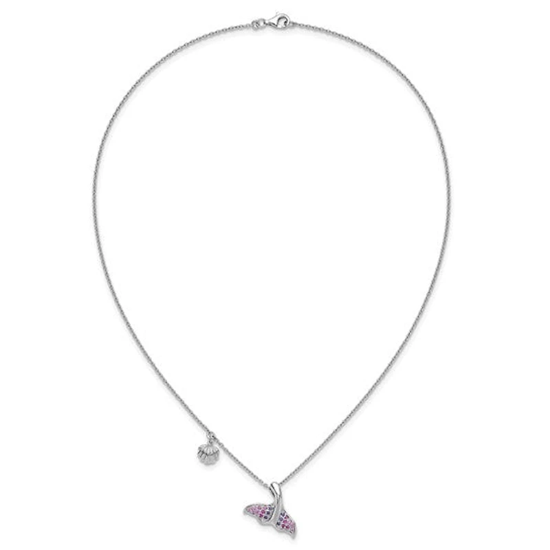 Sterling Silver Rhodium-plated Polished CZ Whale Tail 17.75in Necklace