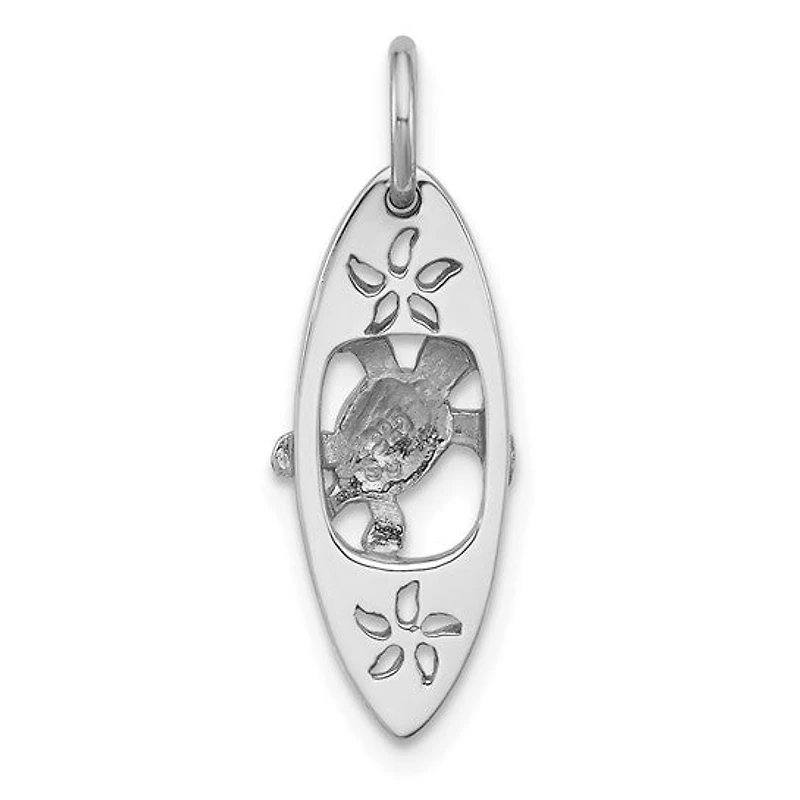 Sterling Silver Rhodium-plated Polished Paua Shell Turtle Surfboard Pendant