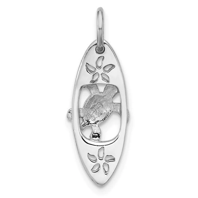 Sterling Silver Rhodium-plated Polished Blue Enamel Turtle Surfboard Pendant