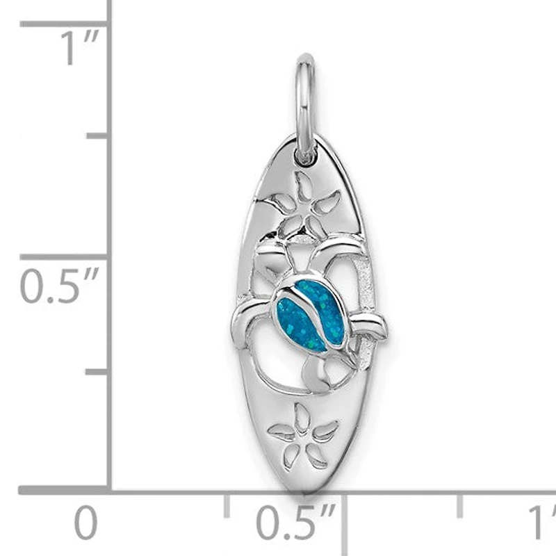 Sterling Silver Rhodium-plated Polished Blue Enamel Turtle Surfboard Pendant