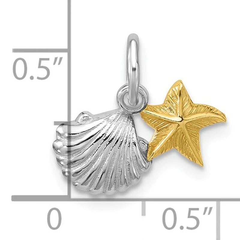 Sterling Silver Rhodium-plated Gold-tone Polished Starfish and Shell Pendant