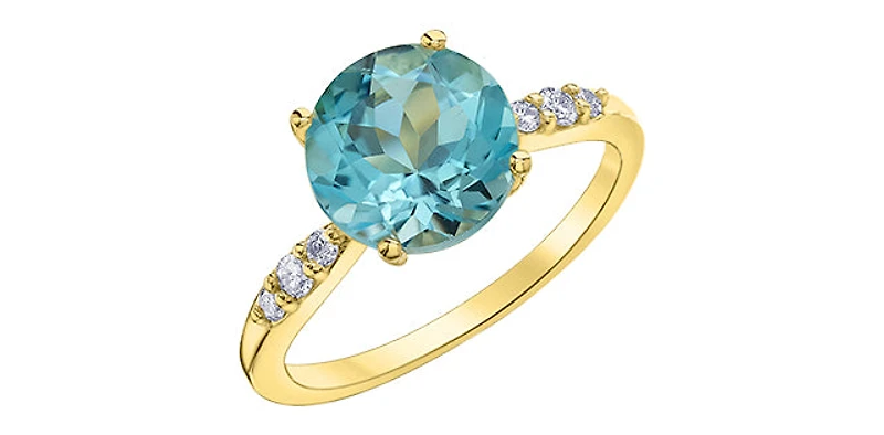 10K Yellow Gold 9mm Cushion Cut Sky Blue Topaz and 0.12cttw Diamond Ring