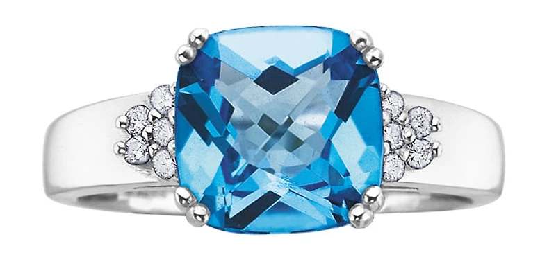 10K White Gold  9mm Blue Topaz and 0.10cttw Diamond Ring - Size 6 - 4.5