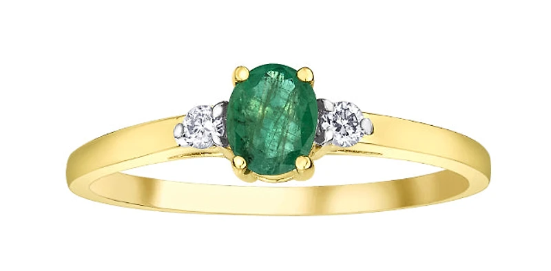 10K Yellow Gold Genuine Emerald & 0.06cttw Diamond Ring