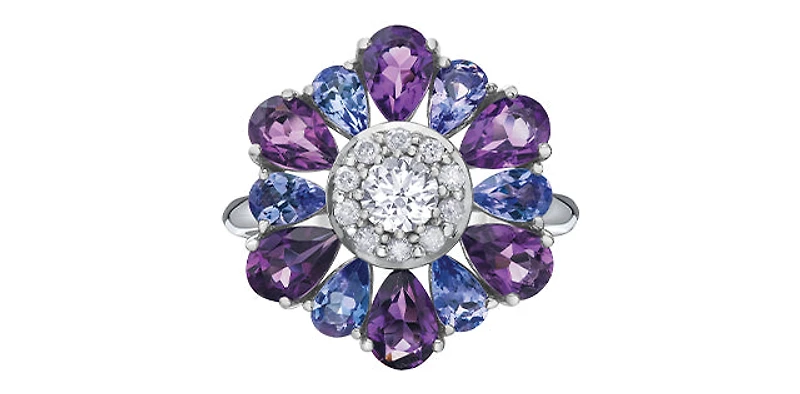 10K White Gold Amethyst, Tanzanite & Diamond Ring - 4.5