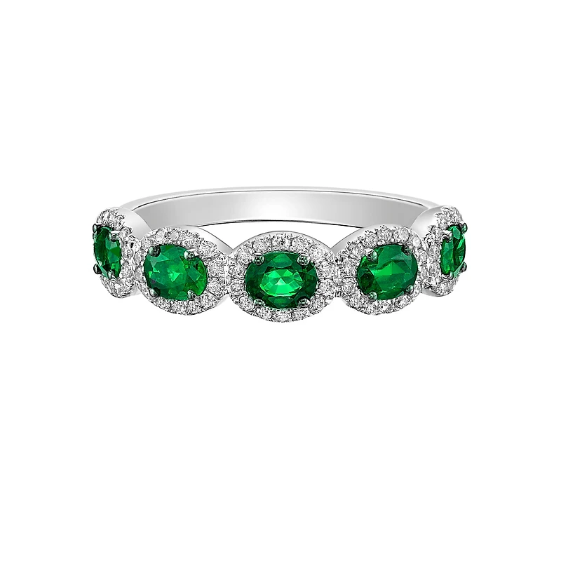 14K Gold Prong-set Emerald ring with Diamond Halo