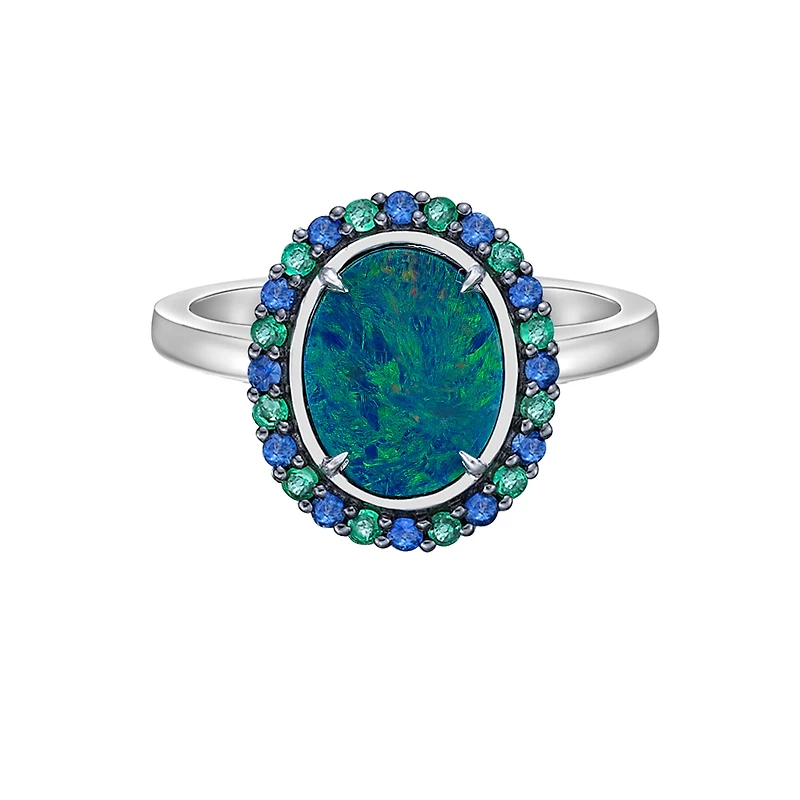 10K White Gold Australian Opal doublet ring with Emerald & Sapphire Halo