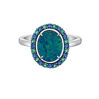 10K White Gold Australian Opal doublet ring with Emerald & Sapphire Halo