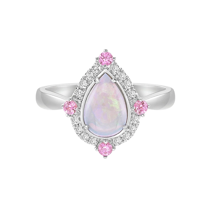 10K White Gold Prong-set White Opal Ring with Sapphires & Diamonds