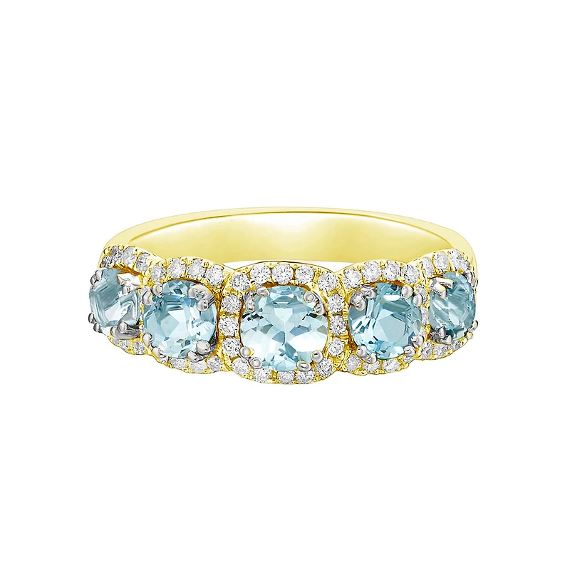 10K Yellow Gold Five stone Aquamarine & Diamond band - 4.5
