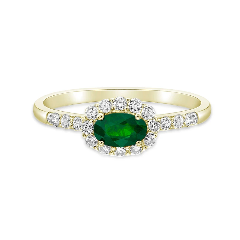 14K Yellow Gold Emerald ring with Diamond halo