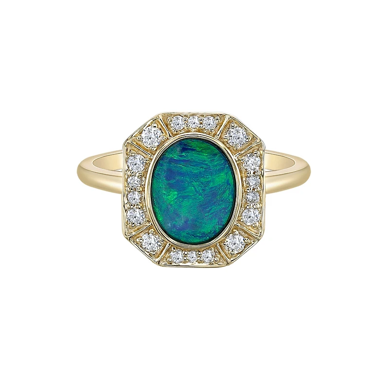 10K Yellow Gold Bezel-set Australian Opal doublet ring with Diamond Halo