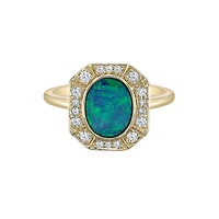 10K Yellow Gold Bezel-set Australian Opal doublet ring with Diamond Halo