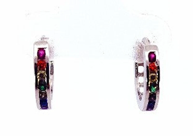 925 Silver Earrings Rainbow Coloured Cubic Zirconia Huggies