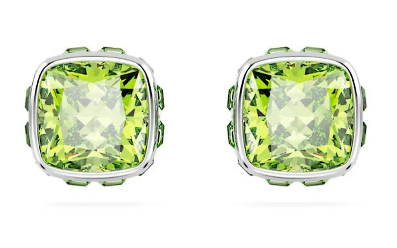 Swarovski Birthstone stud earrings, Square cut, August, Green, Rhodium plated - 5661958