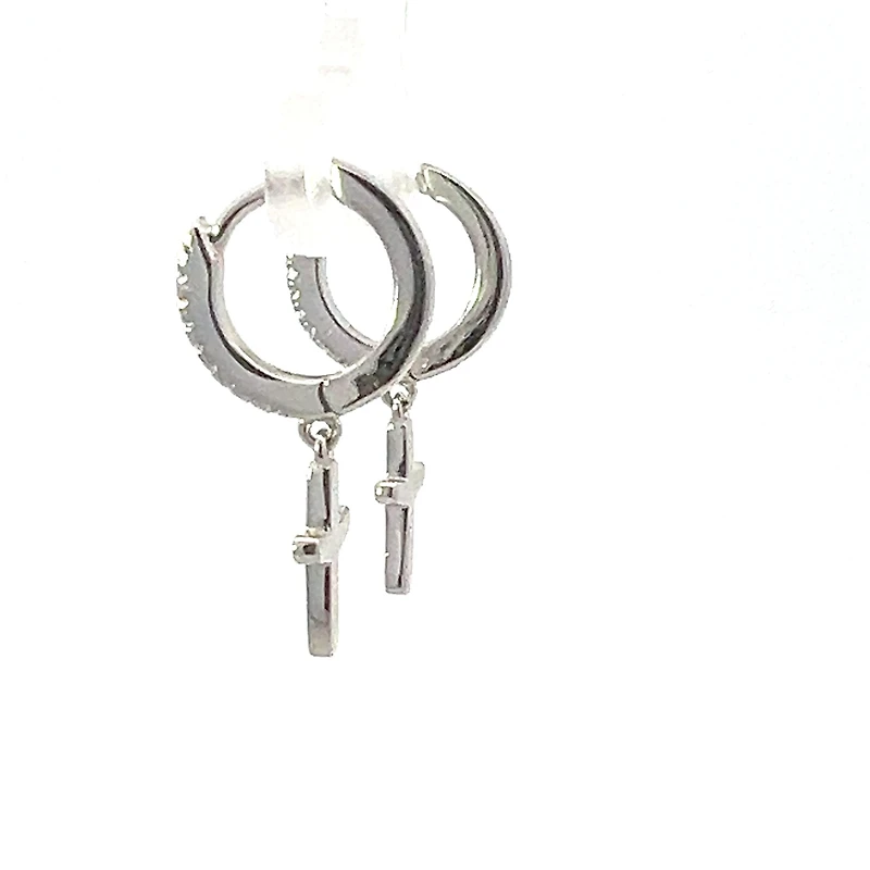 925 Silver Earrings Cubic Zirconia Huggies with Dangling Cross