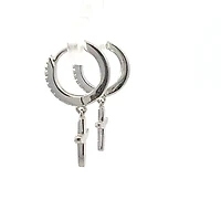 925 Silver Earrings Cubic Zirconia Huggies with Dangling Cross