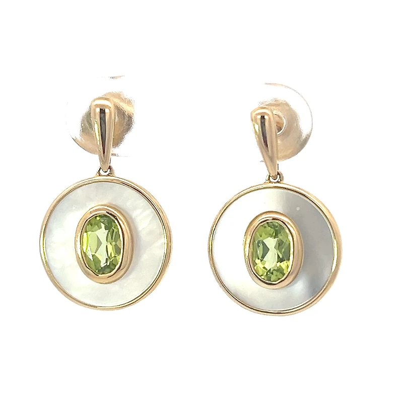 10K Yellow Gold Peridot and Mother of Pearl Earrings