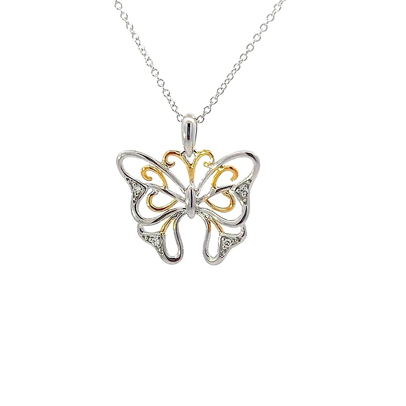 10K 2 Tone Gold 0.02cttw Diamond Butterfly Pendant, 18"