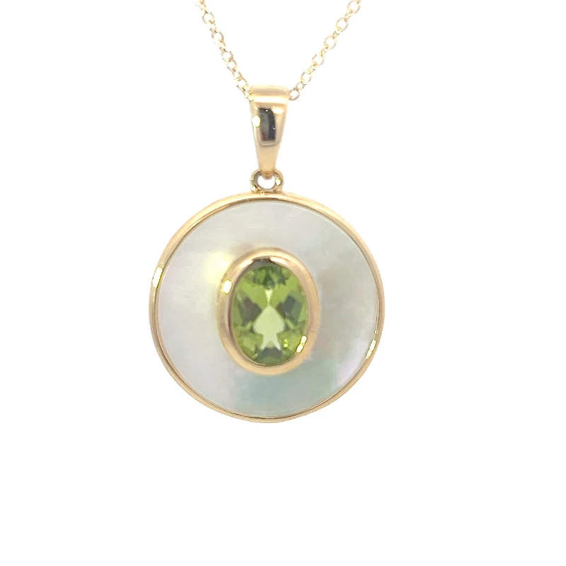 10K Yellow Gold Peridot and Mother of Pearl Pendant - 18 inches