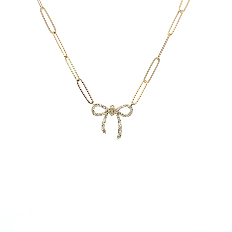 14K Yellow Gold 0.24cttw Diamond Bow Necklace, 18"