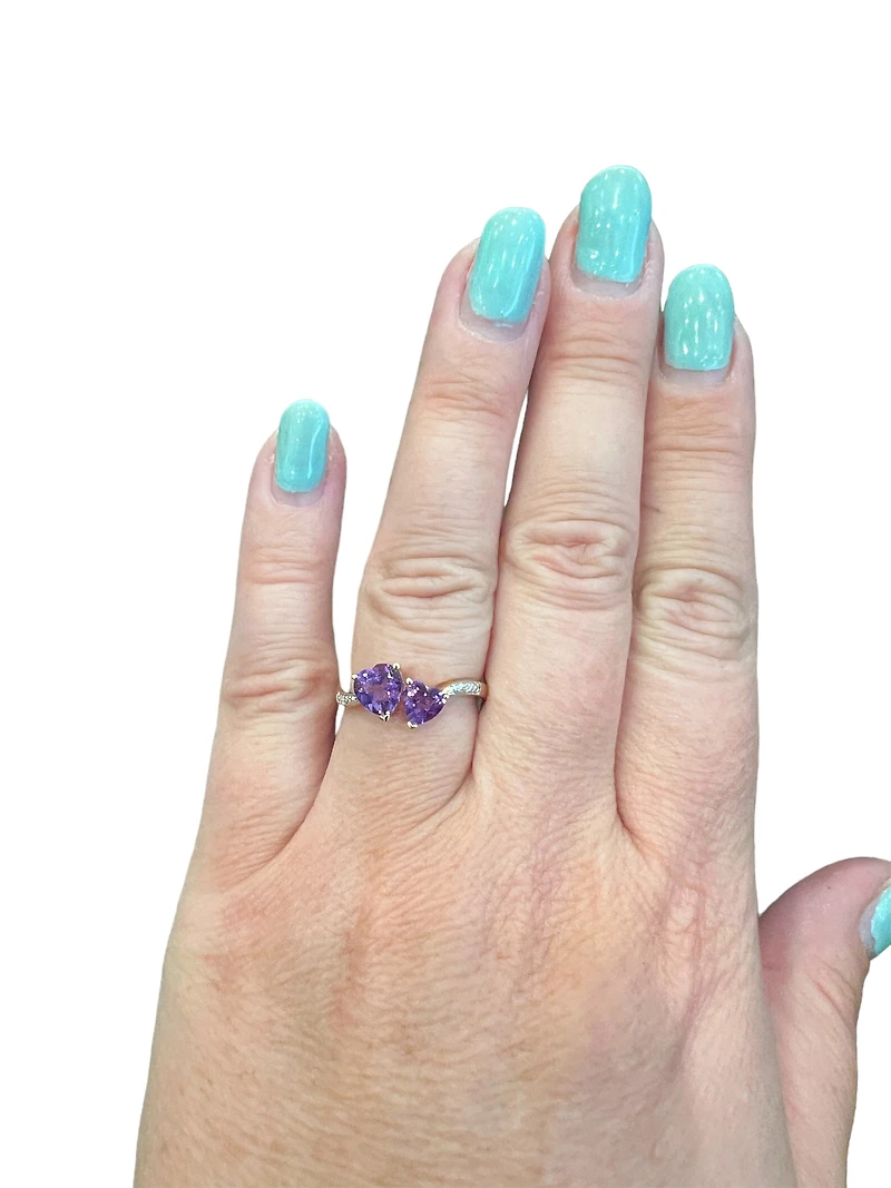 10K Yellow Gold Amethyst & Diamond Double Heart Ring, size 7