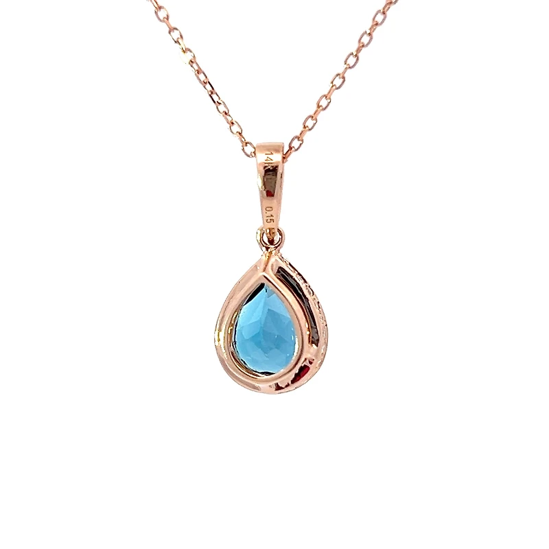 14K Rose Gold Blue Topaz & Diamond Pendant, 18"