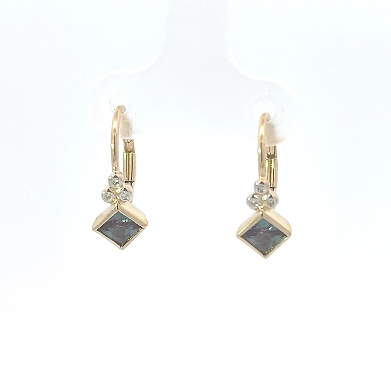 10K Yellow Gold Created Alexandrite and Diamond Lever Back Earrings