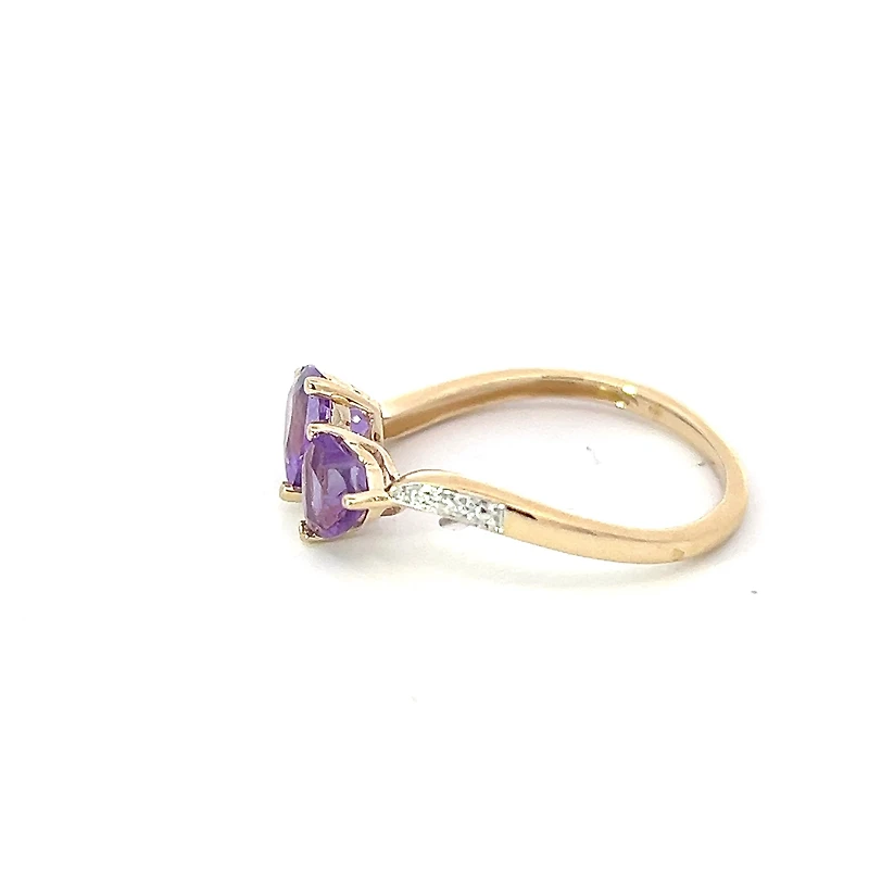 10K Yellow Gold Amethyst & Diamond Double Heart Ring, size 7