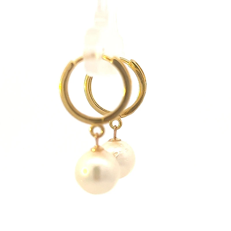 14K Yellow Gold Cultured Pearl Drop / Dangle Huggie Earrings