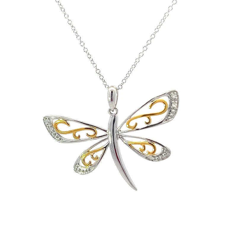10K 2 Tone 0.02cttw Diamond Dragonfly Pendant, 18"