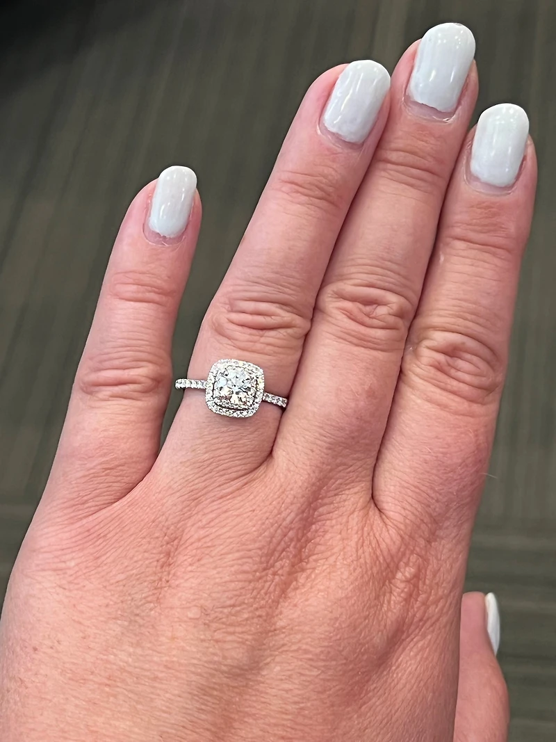 18K White Gold 0.95cttw Lab Grown Diamond Double Halo Engagement Ring