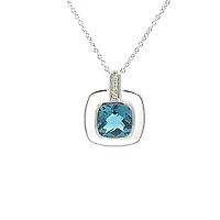 10K White Gold London Blue Topaz, Diamond and White Enamel Necklace - 18 Inches
