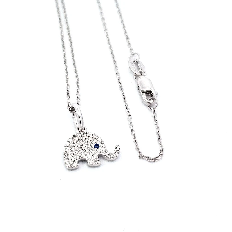 14K White Gold Sapphire and Diamond Elephant Necklace, 18"