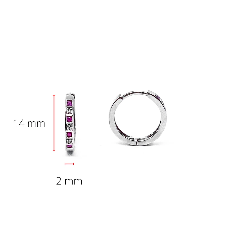 10K White Gold 0.16cttw Genuine Ruby & 0.03cttw Diamond Hoop Huggie Hinged Earrings