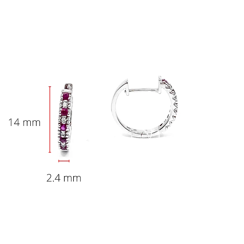 10K White Gold 0.20cttw Genuine Ruby and 0.04cttw Diamond Hoop Huggie Hinged Earrings