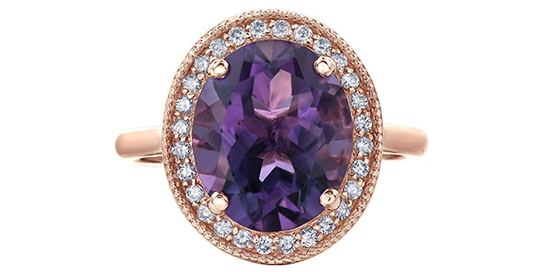 10K Rose Gold Amethyst and Diamond Halo Ring, size 6 - 4.5
