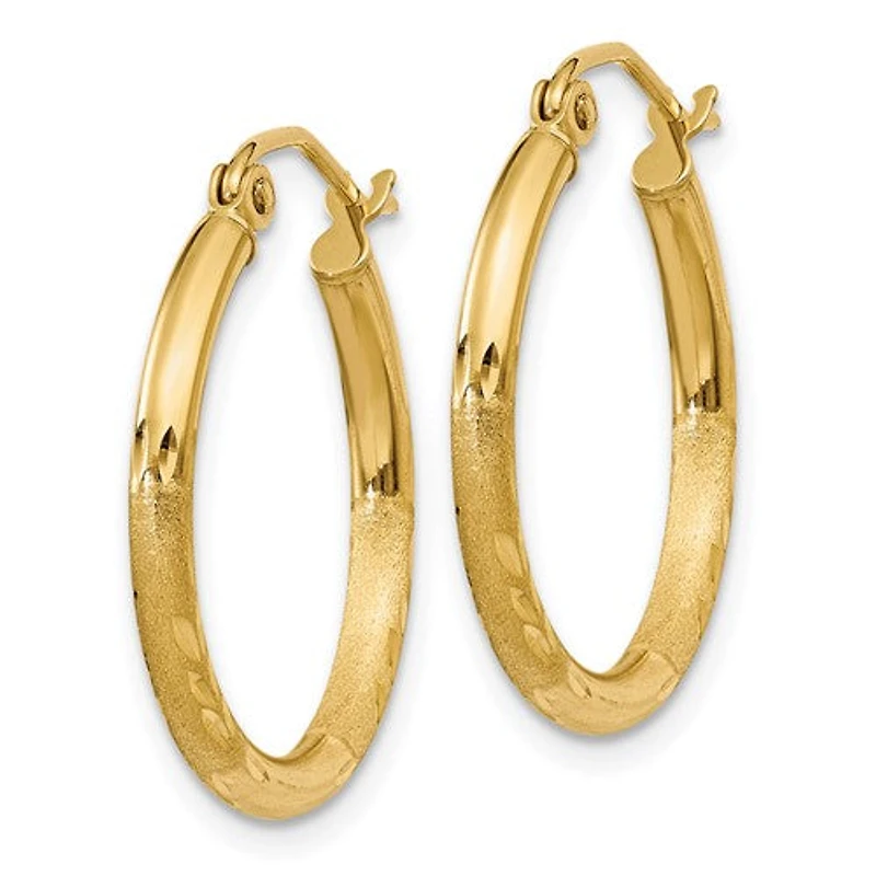10k Satin and Diamond-cut 2mm Round Tube Hoop Earrings