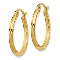 10k Satin and Diamond-cut 2mm Round Tube Hoop Earrings