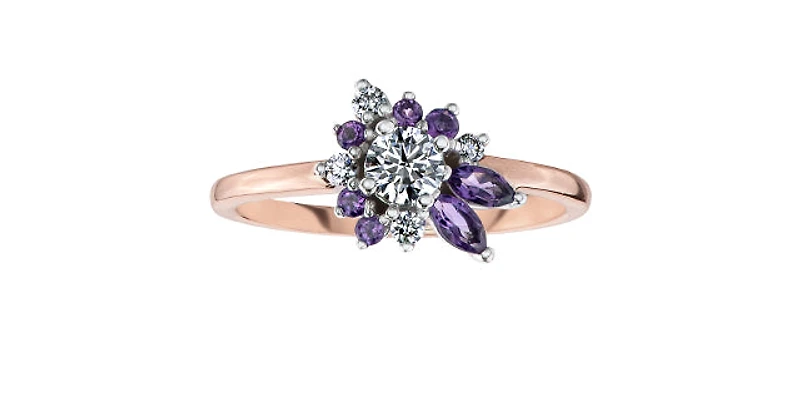 14K Rose Gold Amethyst and Canadian Diamond Ring, size 6 - 4.5