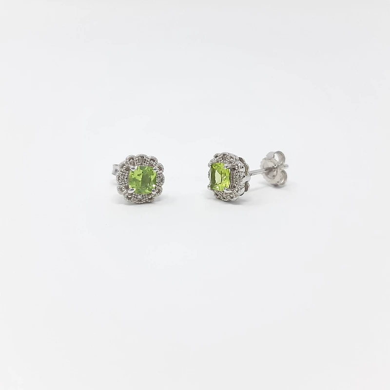 10K White Gold 1.00cttw Genuine Peridot and 0.03cttw Diamond Halo Earrings