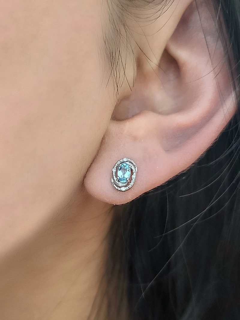 925 Sterling Silver Aquamarine & Diamond Halo Stud Earrings
