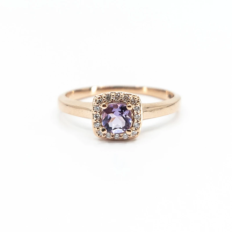 10K Rose Gold 0.35cttw Genuine Amethyst & 0.07cttw Diamond Halo Ring, size 7