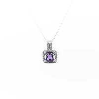 10K White Gold Amethyst and Diamond Pendant, 18"