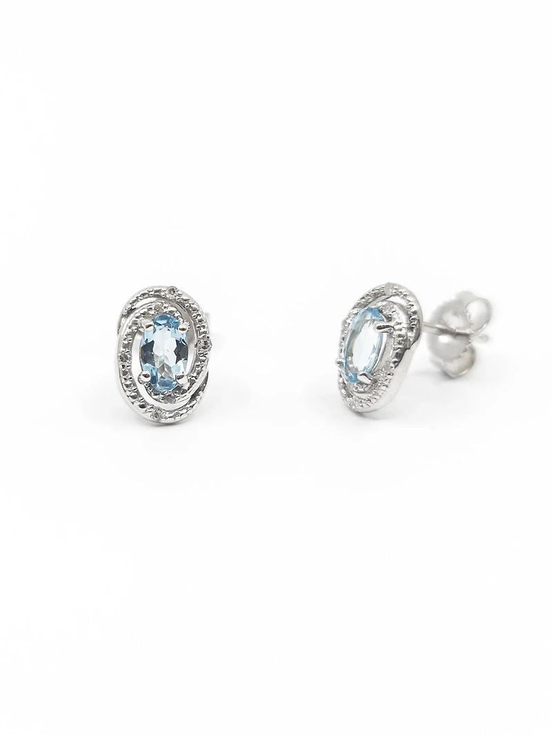 925 Sterling Silver Aquamarine & Diamond Halo Stud Earrings