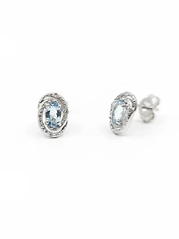 925 Sterling Silver Aquamarine & Diamond Halo Stud Earrings