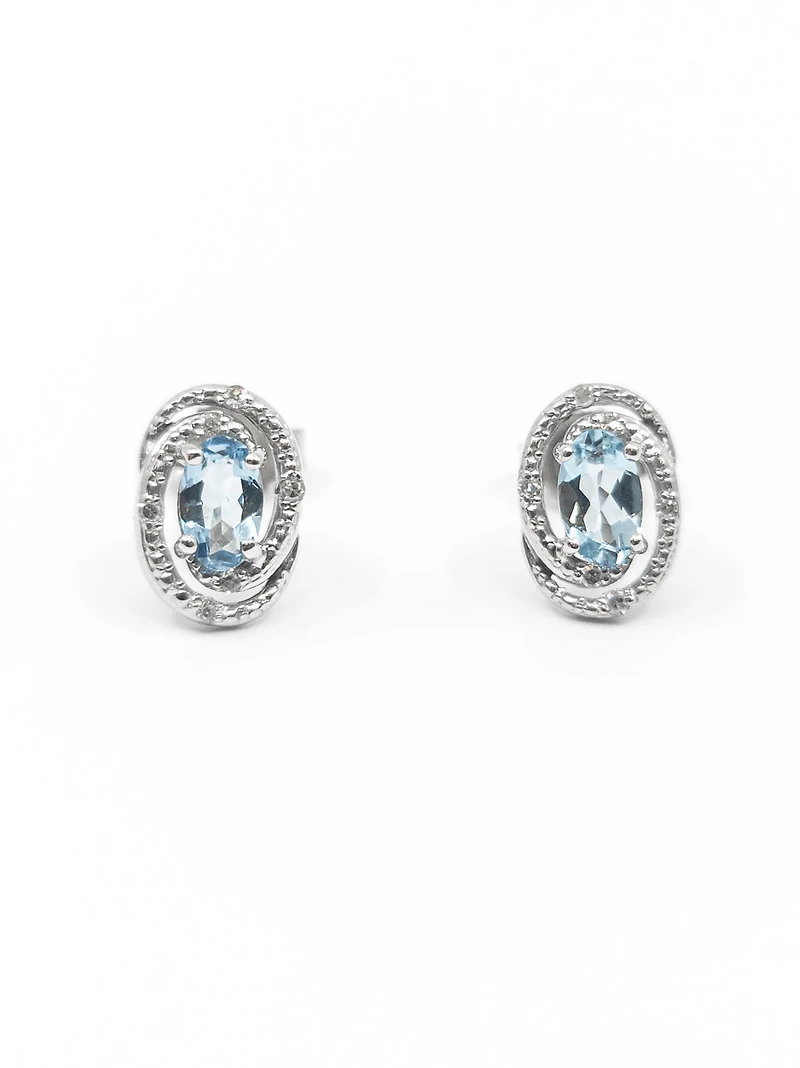 925 Sterling Silver Aquamarine & Diamond Halo Stud Earrings