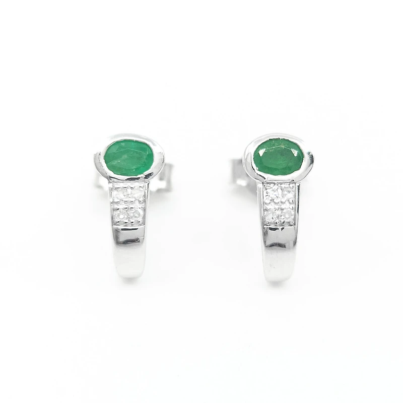 10K White Gold Genuine Emerald & Diamond Earring